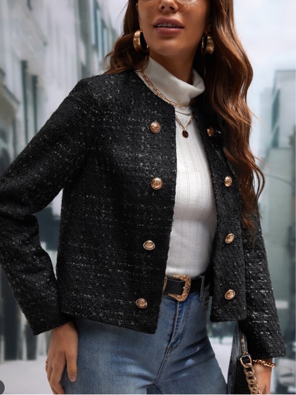 Tahari Black Tweed Double-Breasted Blazer with Gold Buttons 14p old money